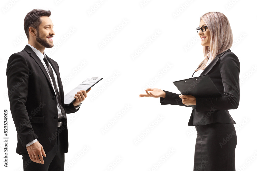 Businessman and businesswoman having a conversation