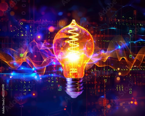 A light bulb is glowing brightly in a colorful background. Concept of energy and excitement, as if the light bulb is a symbol of innovation and progress