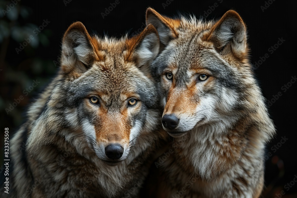 Two wolf faces up close on a black background, high quality, high resolution