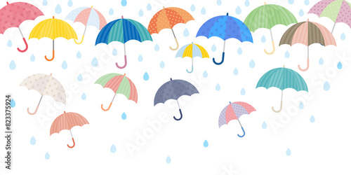 雨に濡れるカラフルなたくさんの傘のベクター背景画像