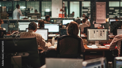 Busy Newsroom with Journalists Working and Computers Displaying Articles
