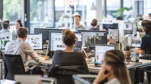 Busy Newsroom with Journalists Working and Computers Displaying Articles
 photo