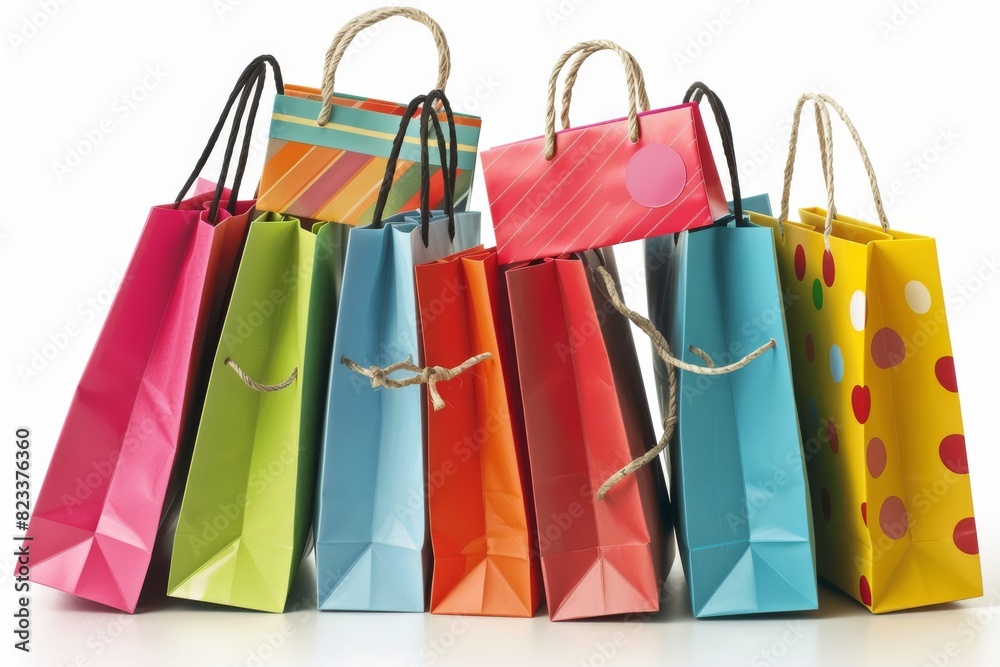 Vibrant shopping bags with various colors and patterns on a white background, symbolizing retail and consumerism in a clean and minimalistic setting