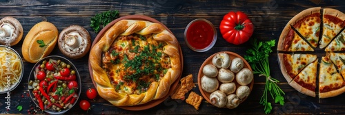 Ossetian Pie with Cheese, Steamed Vegetables, Champignons Baked with Gouda and Snacks, Vegetables photo