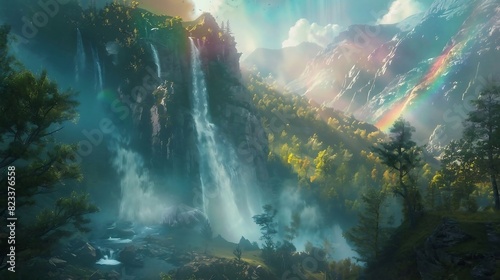 High waterfall flowing down a rocky cliff face for environmental web banners.