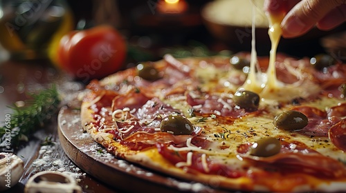 Hot pizza with olives on board