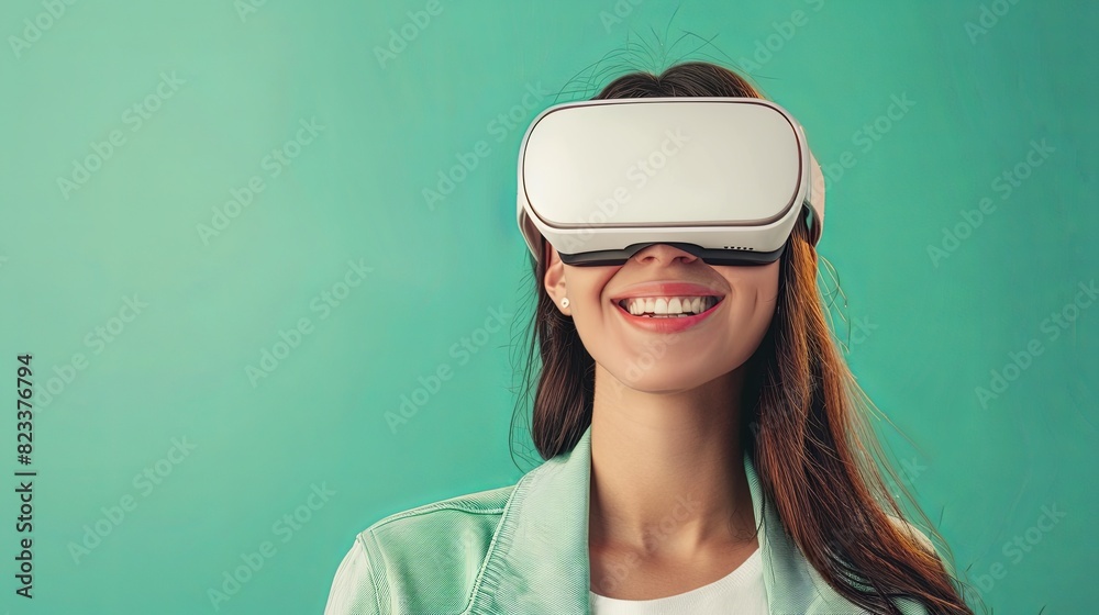 Joyful young woman smiles while wearing white VR glasses against a pastel green background. Generative AI Joyful young woman smiles while wearing white VR glasses against a pastel green background. Generative AI