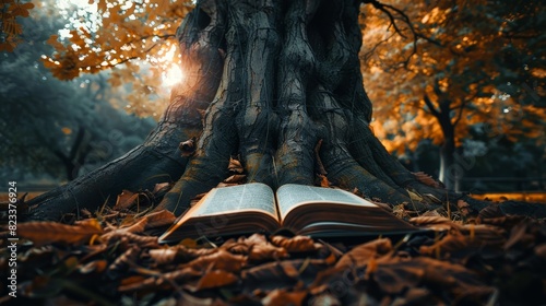An open book lying beneath a large tree, representing the growth of knowledge, detailed bark and vibrant leaves, capturing the deep connection