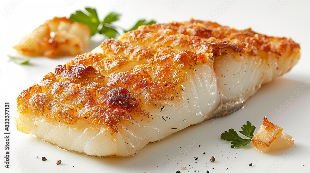 Crispy Pan-Fried Cod Fillet Perfection on White Background - Culinary Delight of Golden Crust and Tender Flaky Meat Crispy Pan-Fried Cod Fillet Perfection on White Background - Culinary Delight of Golden Crust and Tender Flaky Meat