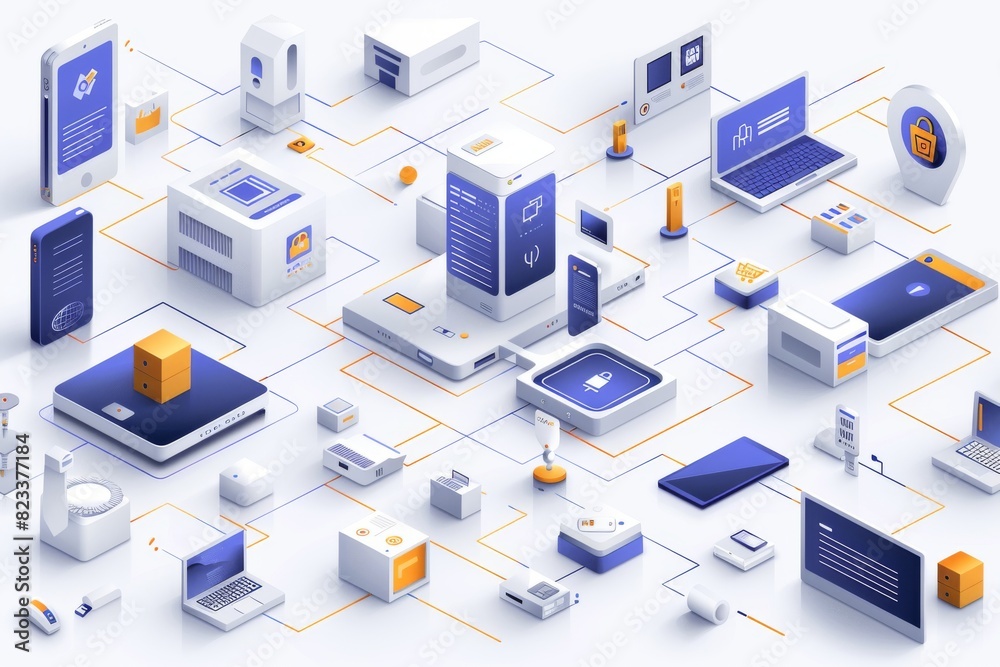 Illustration of a complex online shopping system with various interconnected devices, highlighting the digital infrastructure of e commerce Illustration of a complex online shopping system with various interconnected devices, highlighting the digital infrastructure of e commerce