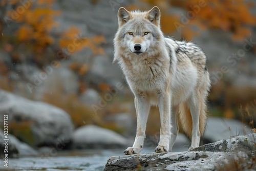 A wolf is standing on a rock next to water  high quality  high resolution