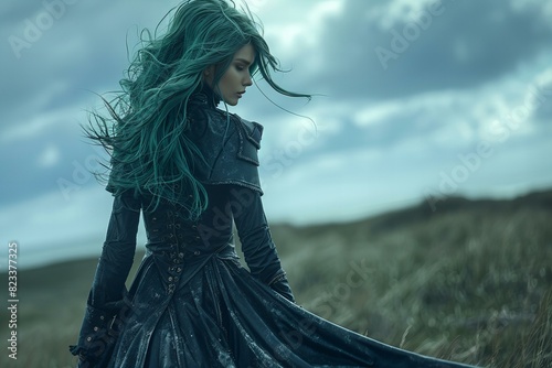 Green hair adventurous woman wearing long black coat photo