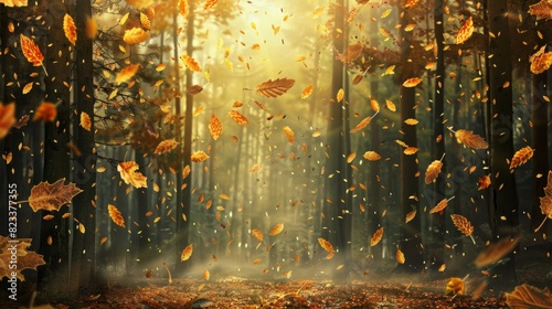 An autumn forest with golden leaves falling. --ar 16:9 Job ID: 4e978cca-f4fc-4527-b0c8-bd4ff670c610 photo