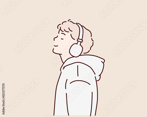 Web man wearing white hoodie and headphones, listening music with closed eyes. Hand drawn style vector design illustrations.