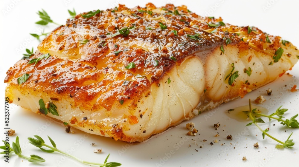 Gourmet Pan-Fried Cod Delicacy: Crispy Texture and Appetizing Freshness Captured in High Detail on White Background Gourmet Pan-Fried Cod Delicacy: Crispy Texture and Appetizing Freshness Captured in High Detail on White Background