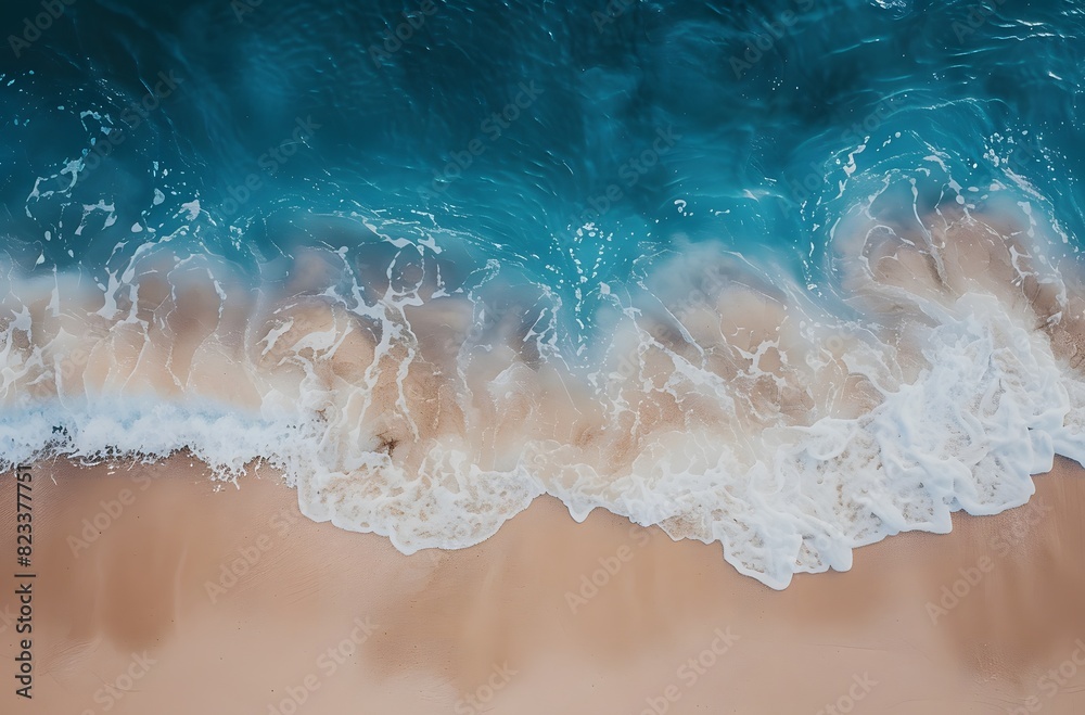 Aerial View of Sandy Beach with Blue Water Waves