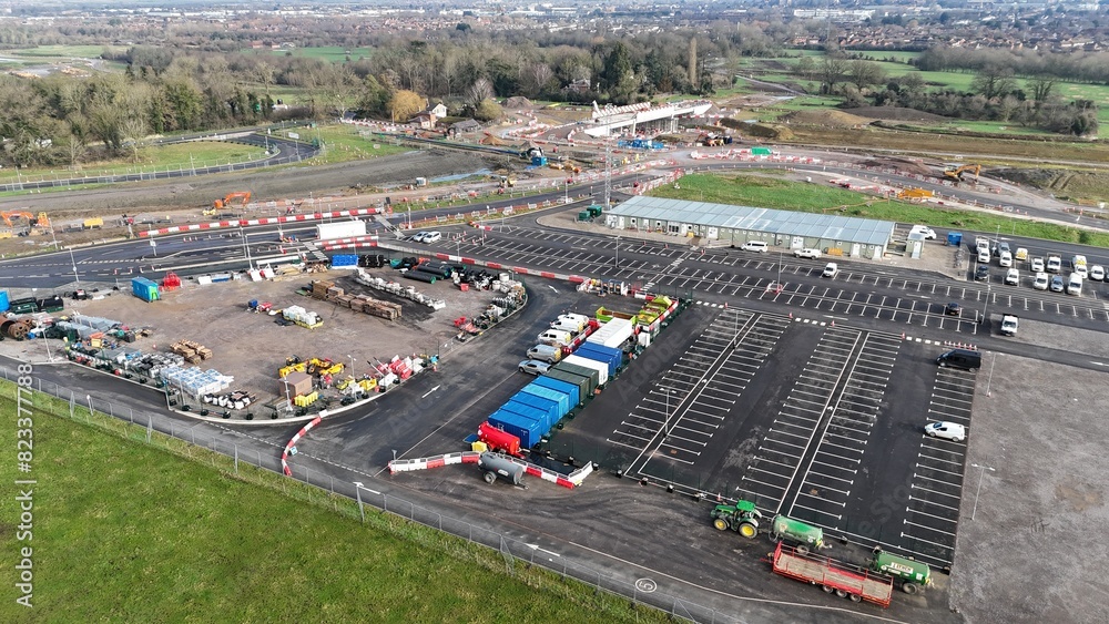 an aerial view of a lot surrounded by other vehicles and construction equipment an aerial view of a lot surrounded by other vehicles and construction equipment