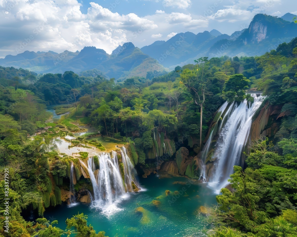Fototapeta premium A beautiful waterfall surrounded by lush green trees and mountains. The water is crystal clear and the scenery is breathtaking