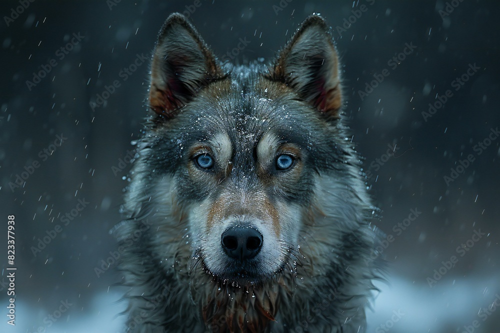 Featuring a  dog in the dark with dark blue eyes, high quality, high resolution