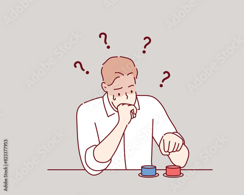 A worried young man, feeling both confused and anxious, is deciding which button to press. The stressed. Hand drawn style vector design illustrations.