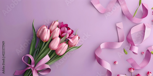 Mother's Day or Women's Day decorations concept. Tulip flowers on isolated pastel purple background with copy space.