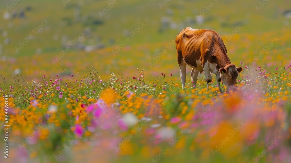 Cow grazing in a colorful summer meadow