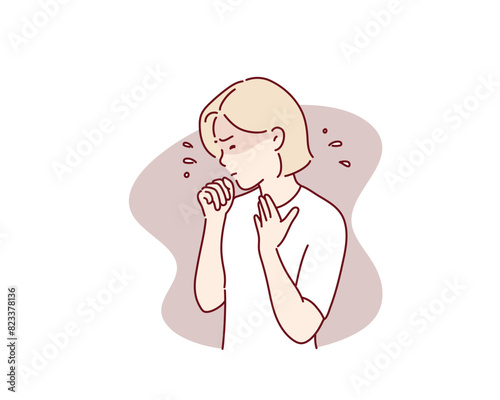 unhealthy Sickness, asian young woman, girl unwell and coughing, have cold, sore throat isolated white background suffering with symptom cough feeling bad.Hand drawn style vector design illustrations.