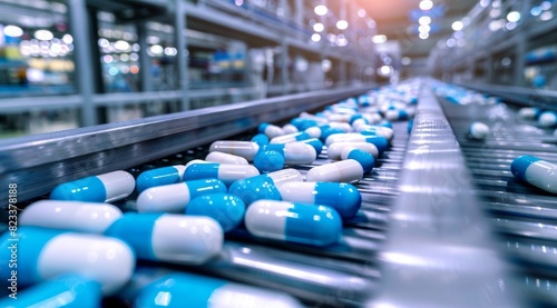 A line of blue and white pills on the production floor in an advanced tablet cape