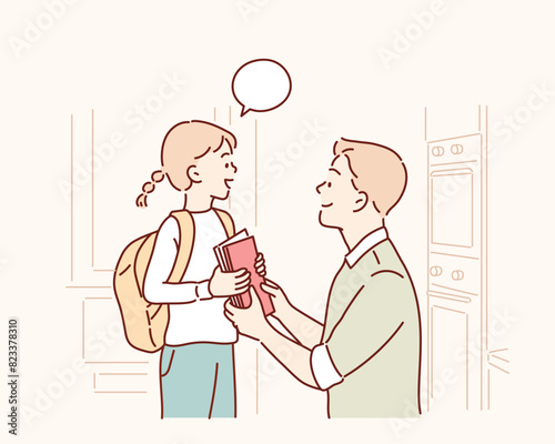 Happy family preparing for school. Little girl with mother. Hand drawn style vector design illustrations.