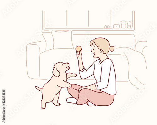 Young woman playing with her dog at home. Hand drawn style vector design illustrations.