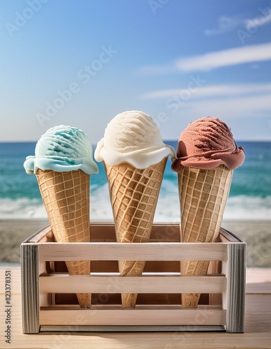 ice cream in a basket, ice cream cones with multiple scoops of ice cream in different colors © Baloch