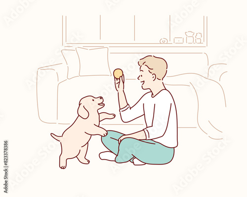 Young man playing with her dog at home. Hand drawn style vector design illustrations.