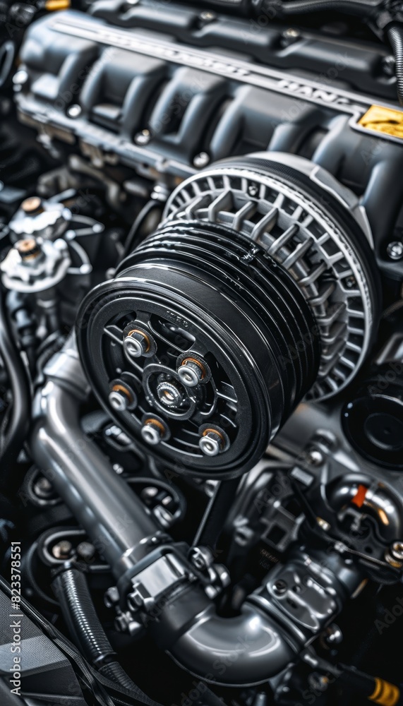 Close up of car engine and exhaust, highlighting mechanical components and engineering complexity Close up of car engine and exhaust, highlighting mechanical components and engineering complexity