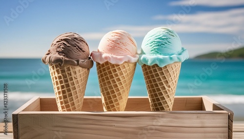 ice cream cone on the beach, ice cream cones with multiple scoops of ice cream in different colors