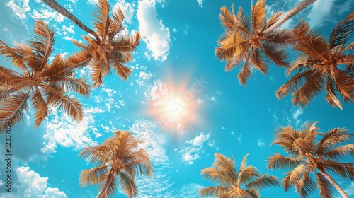 A serene and vibrant view showing a cluster of palm trees beneath a bright blue sky with the sun shining through