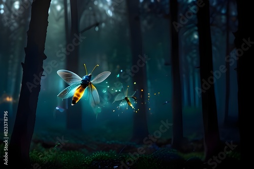 Abstract and magical image of Firefly flying in the night forest. Fairy tale concept. Generative AI 