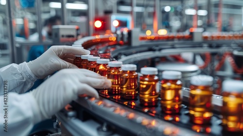 A worker in a lab coat inspects a line of filled amber glass vials in a pharmaceutical manufacturing setting