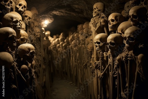 Haunting view of an underground catacomb filled with ancient skulls and bones illuminated by soft lighting photo