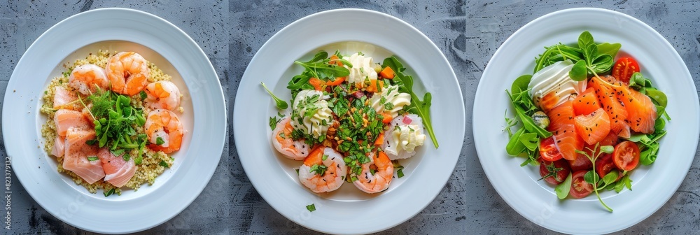 Salads Set, Various Meat and Vegetable Salats with Salmon, Shrimps, Tomatoes, Spices Top View