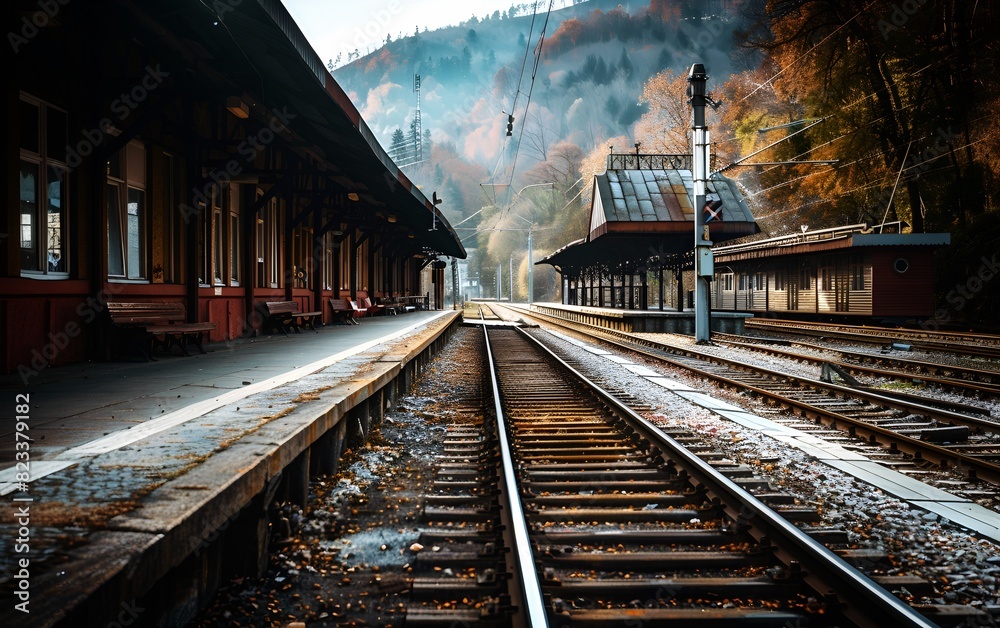 The old train station, the railroad. Rural landscape. Banner, poster, background. Copy space. The old train station, the railroad. Rural landscape. Banner, poster, background. Copy space.