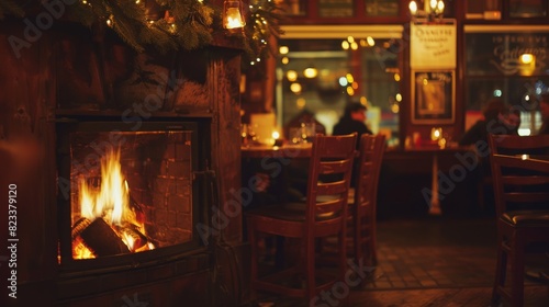 Cozy fireplace with burning wood logs for winter holiday designs