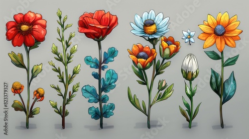 Funky Floral Cartoon Figures: Playful, Cheerful Daisy with a Face and Grin in Vintage Psychedelic Design