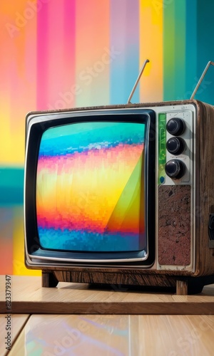 A vintage television displaying a colorful glitch effect, set against a vibrant background, combining retro aesthetics with modern digital art, perfect for tech and nostalgia themes.