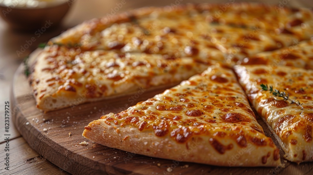 Delicious cheese pizza with a perfectly baked crust and melted cheese on a rustic wooden surface
