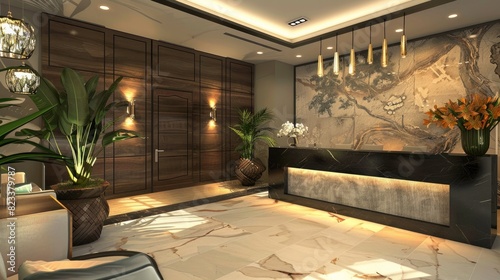 Design a reception area with a welcoming atmosphere and stylish decor.