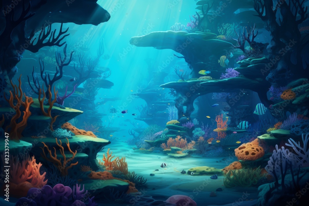 Fototapeta premium Vibrant digital artwork depicting a serene underwater scene illuminated by sunlight filtering through