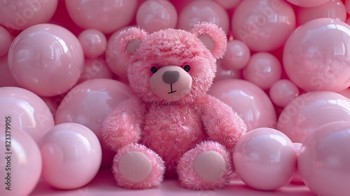 A cute pink teddy bear sits between two walls made of pink hearts showcasing love feeling © Zain