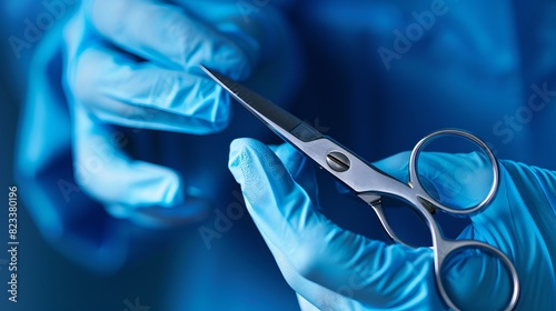 A close-up image captures gloved hands holding surgical scissors, highlighting the precision and expertise required in medical procedures. photo