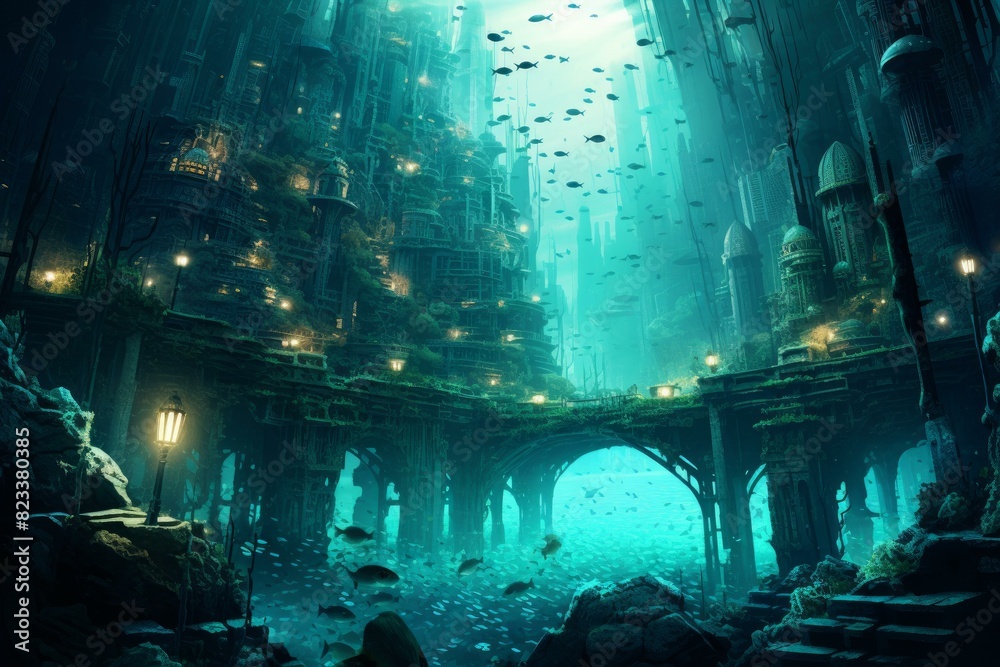 Mystical underwater city illuminated by soft lights amidst floating fish and aquatic flora Mystical underwater city illuminated by soft lights amidst floating fish and aquatic flora