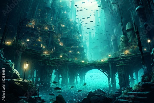Mystical underwater city illuminated by soft lights amidst floating fish and aquatic flora